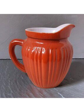 Vintage 1940's Hazel Atlas Platonite Ribbed Orange & White Glass Creamer Pitcher